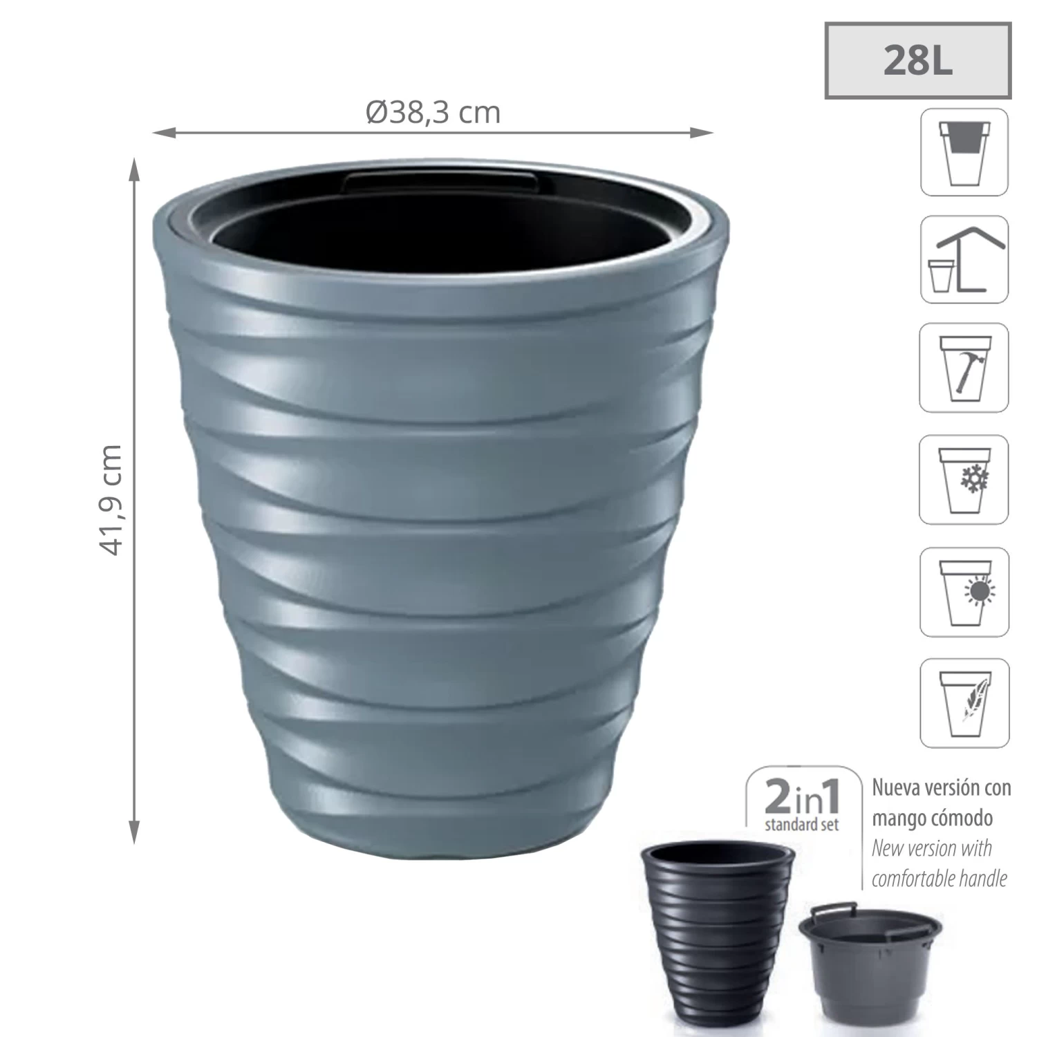 Prosperplast Maceta FREZE 28L., Con Depósito, 383x383x419, Color Gris Claro 4 Prosperplast Maceta FREZE 28L., Con Depósito, 383x383x419, Color Gris Claro - Imagen 2