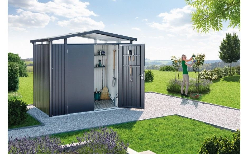 CASETA METALICA BIOHORT JARDIN PANORAMA P3 DOBLE PUERTA COLOR GRIS OSCURO
