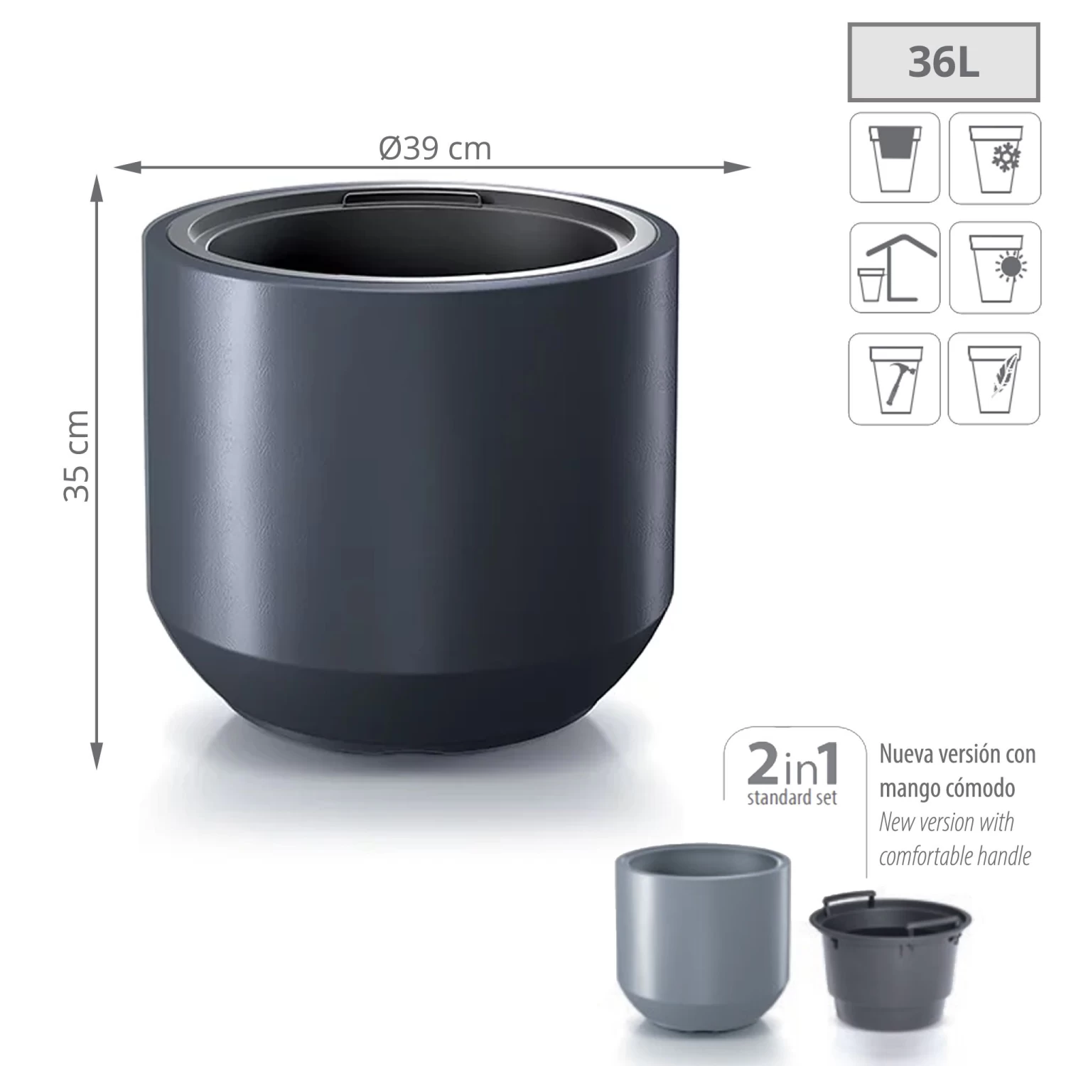 Prosperplast Maceta HEOS 36LCon Depósito 390x390x350 Antracita 4 Prosperplast Maceta HEOS 36LCon Depósito 390x390x350 Antracita - Imagen 2