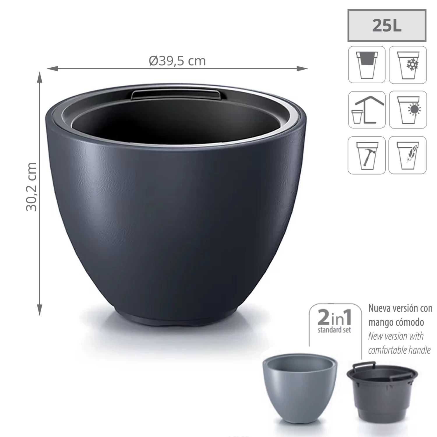 Prosperplast Maceta HEOS 25LCon Depósito 395x395x302 Antracita 4 Prosperplast Maceta HEOS 25LCon Depósito 395x395x302 Antracita - Imagen 2